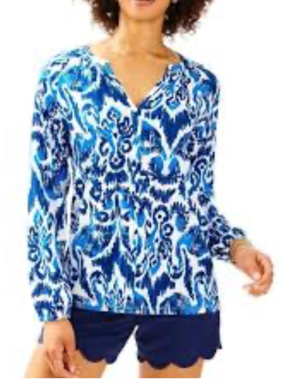 Lilly Pulitzer Blue & White V-Neck Long Sleeve Top L